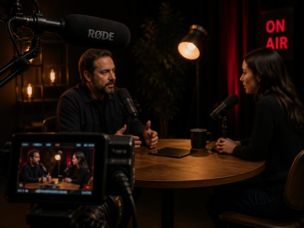 Broadcast podcast set with microphones, camera monitor and on-air sign